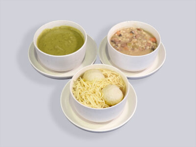 3 soups made fresh daily - Matzo ball, Mushroom Barley, & Split Pea